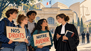 Illustration de lycéens échangeant avec une avocate devant un lycée français, avec des pancartes « Nos droits » et « Notre avenir »